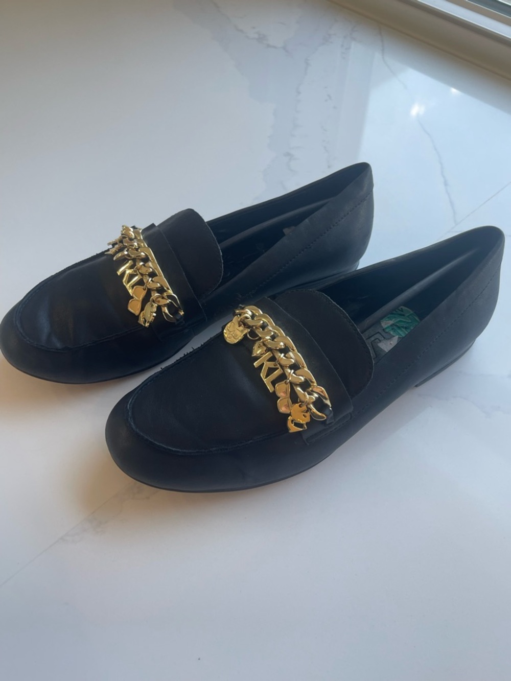 Karl Lagerfeld Black Loafers with Gold Chain Trim